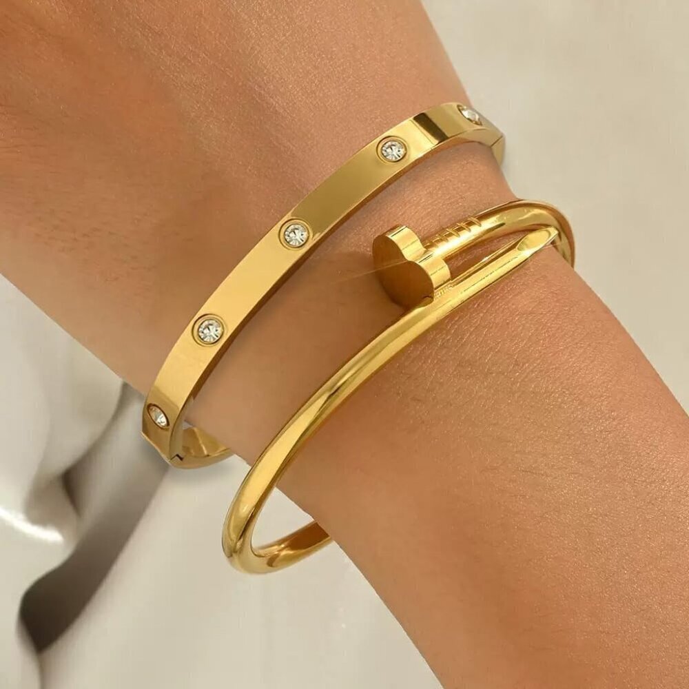 Stainless Steel Love Bangle Set Gold Plated Stackable Jewelry For Women - Picture 4 of 7